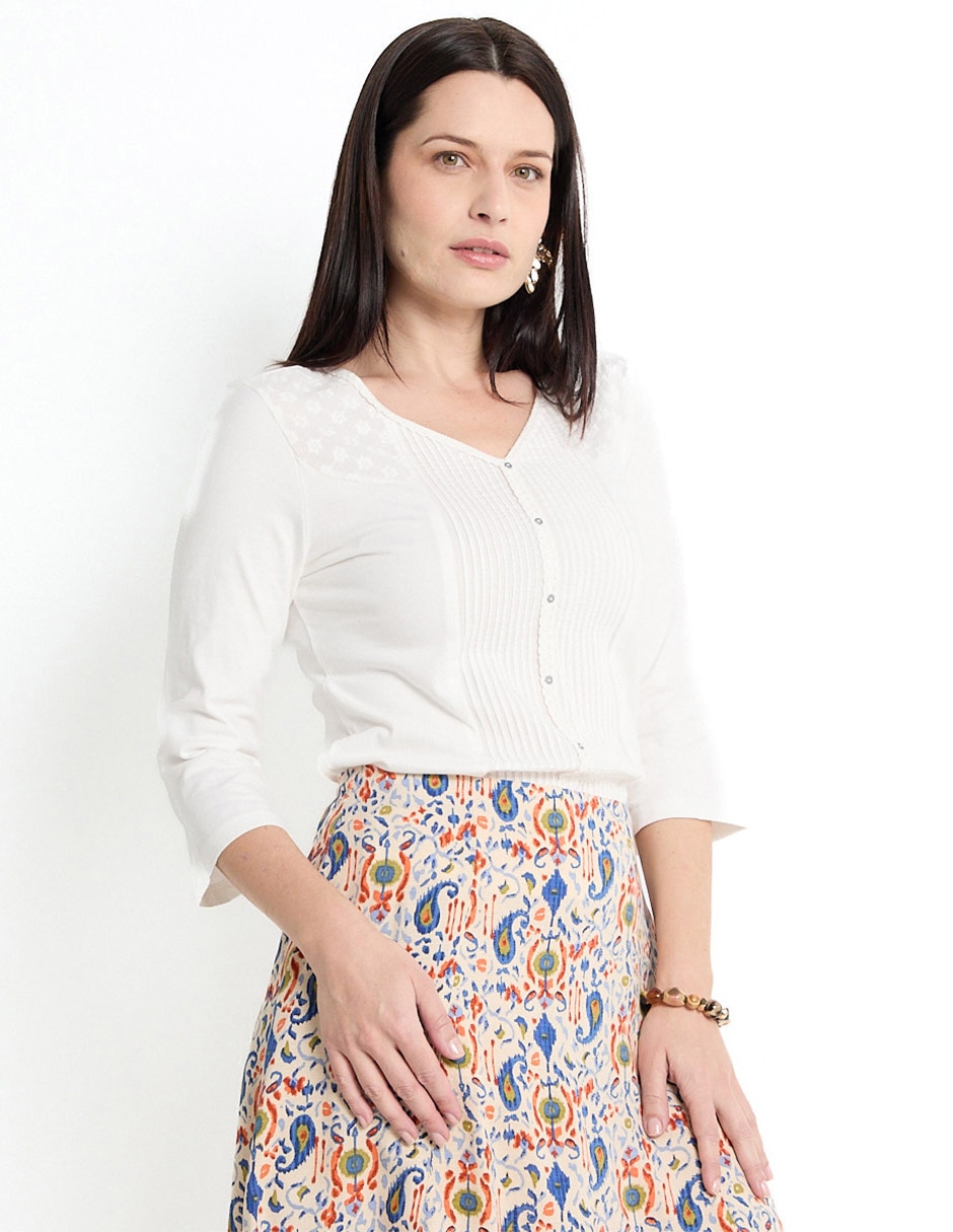 Playera manga 3/4 cuello v mujer